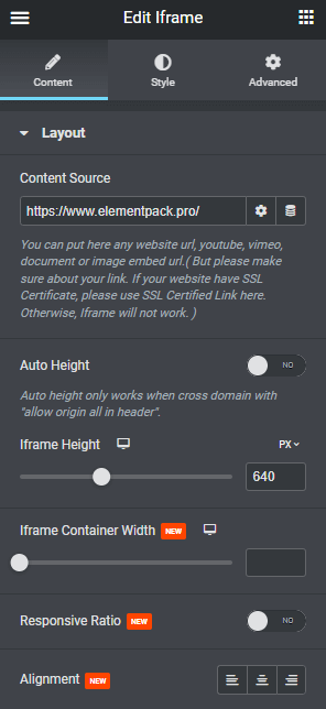 ElementPacks iFrame Widget Settings